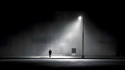Mysterious silhouette under solitary streetlight on deserted city block, dark urban foreground contrasts with wide blank sky, minimal night scene ideal for advertising or poster design.