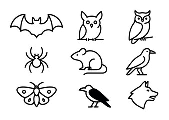 Nocturnal Creatures Icons. Outline icon set of bats and nocturnal creatures: bat wings spread, flying bat, owl