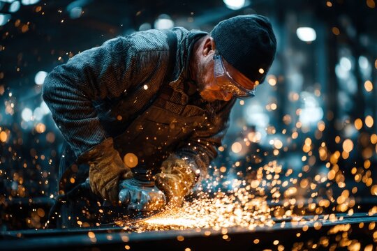 Focused factory worker using angle grinder on metal surface, wearing protective gear, as bright sparks fly in a dim workshop.