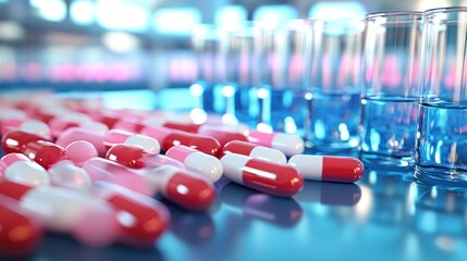 Vibrant Red and White Pharmaceutical Capsules and Blue Liquid Test Tubes