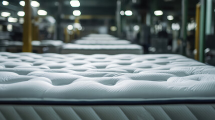 Fototapeta premium Factory Mattress Production: A line of pristine, newly-manufactured mattresses glides through a factory setting, emphasizing the scale and precision of industrial manufacturing.