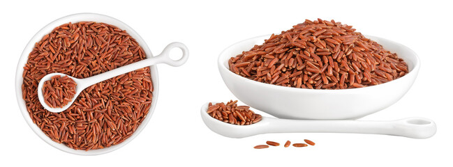 red rice in a ceramic bowl isolated on white background. Top view. Flat lay