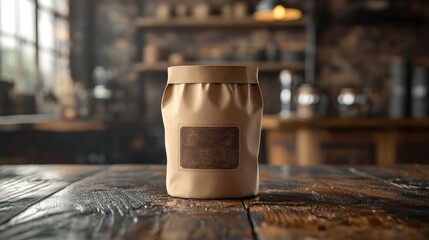 Kraft Paper Bag with Blank Label on a Rustic Wooden Table in a Cafe