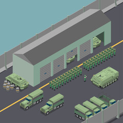 Set Isometric Military Base Vehicles and Soldiers in Formation