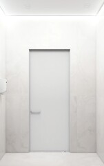 Minimalist white hallway with a modern door and clean marble-like walls. A bright, sleek, and hygienic space reflecting contemporary interior design and functionality