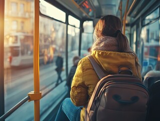 detailed image of A female student rides public transport Public transportation and people concept realistic image photo high detail 8k