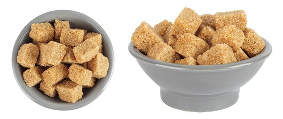 brown sugar in a ceramic bowl isolated on white background. Top view. Flat lay