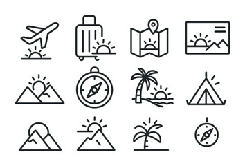 Travel Icon Grid. Outline icon set of travel sunsets: airplane, luggage, map, postcard, mountain view, compass