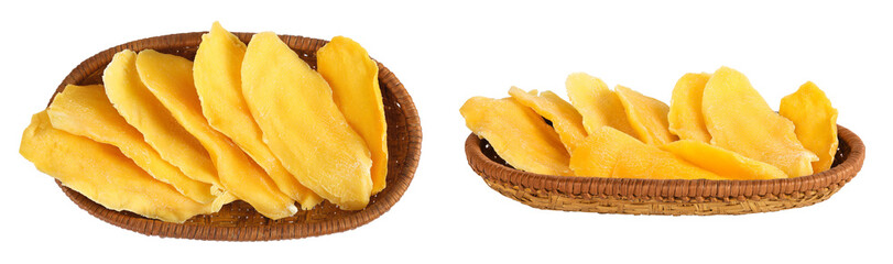 dried mango in a wicker basket isolated on white background. Top view. Flat lay.