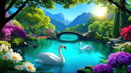 Serene Swans Swimming Gracefully in a Lush Garden Oasis Under a Bright Sun
