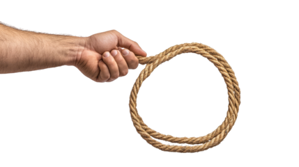 A strong hand grips a twisted brown rope tied into a heart-shaped knot, symbolizing a powerful, enduring connection on white background.