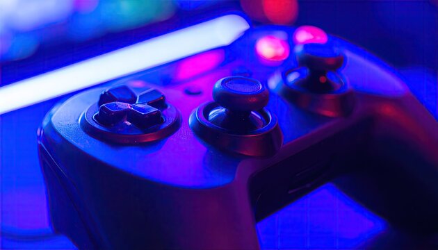 Close-Up of a Blue Gaming Joystick with Neon Lights in a Smoky Room