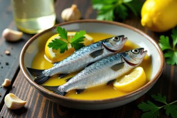 Fresh sardines, lemon, garlic, olive oil, parsley, sparkling water , food, knife