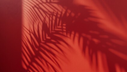 Tropical palm leaf shadow on red wall, minimal abstract nature background, modern sunlight silhouette aesthetic, creative summer vibe overlay, warm boho design texture for trendy digital art