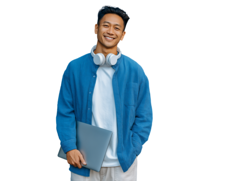 a handsome young asian man smiling, holding a laptop and wearing headphones.png