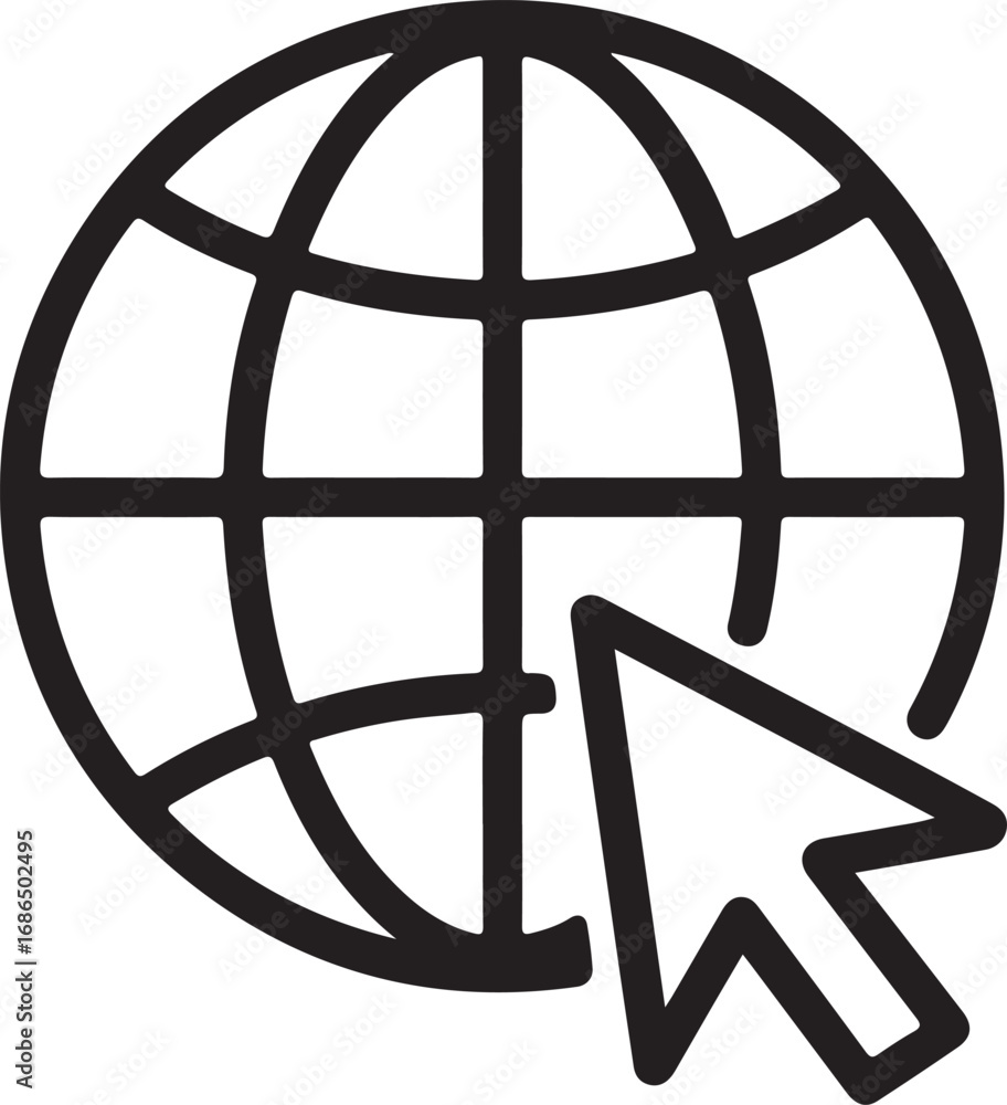 Poster simple black line art icon of a globe with a computer mouse cursor pointing to it