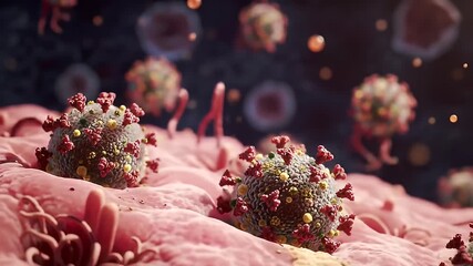 Detailed 3D microscopic visualization of a viral infection showing pathogenic coronavirus particles attacking host cells - Powered by Adobe