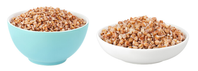 Boiled buckwheat in a ceramic bowl isolated on white background