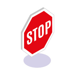 Isometric view of a vibrant red stop sign with white text, isolated on white