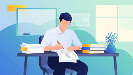 teacher sitting at a desk, grading papers with a red pen