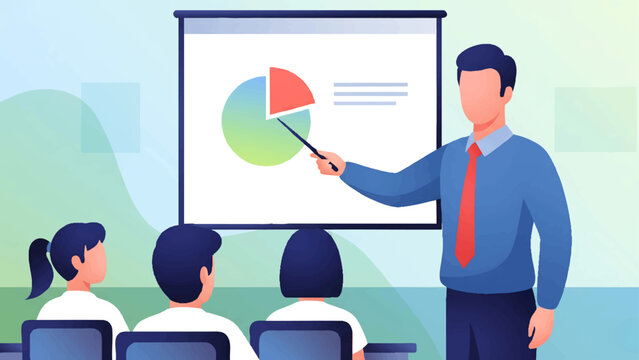 eacher in shirt and tie, standing near a projector screen while pointing at a chart