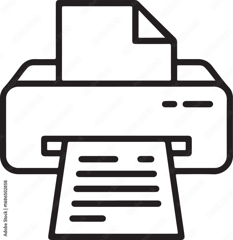 Poster simple line art icon of a printer printing a document with paper in tray