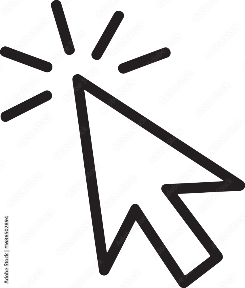 Poster simple black outline of a computer mouse cursor icon with radiating lines indicating an action