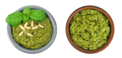 Obraz premium Pesto sauce in ceramic bowl isolated on white background. Top view. Flat lay.