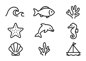 Fototapeta premium Ocean Icon Set. Outline icon set of ocean themes: wave, fish, shell, coral, starfish, dolphin, seahorse, boat.