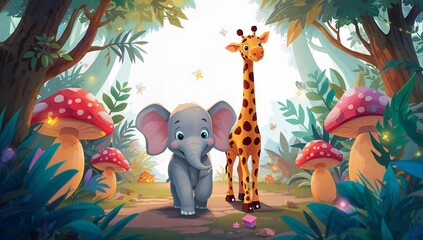 Obraz premium A whimsical illustration of a cute baby elephant and a giraffe standing in an enchanted forest with colorful glowing mushrooms