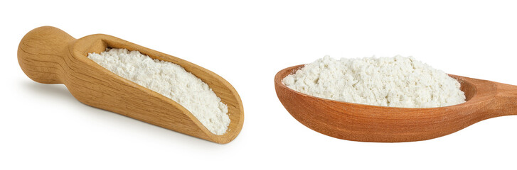 White flour in wooden scoop and spoon isolated on white background