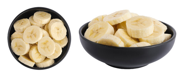 peeled banana pieces in ceramic bowl isolated on white background. Top view. Flat lay.