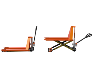 Isolated 3D render of Standard and High-Lift Scissor Pallet Jacks for warehouse logistics; essential heavy-lifting material handling equipment in orange color, rendered on HD transparent background.