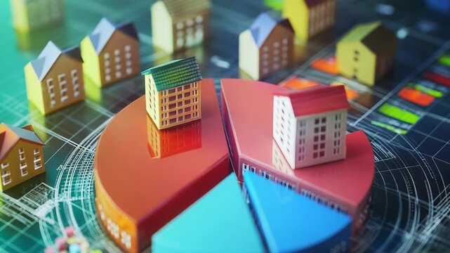 Colorful pie chart showing housing market share with miniature houses