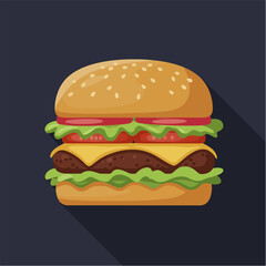 Illustration of a delicious-looking burger with a sesame seed bun, lettuce, cheese, tomato, and a beef patty on a dark background.