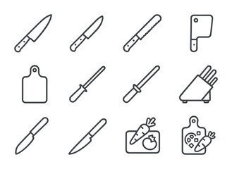 Kitchen Tool Icons. Outline icon set of kitchen cutting tools: chef&rsquo;s knife, paring knife, bread knife,