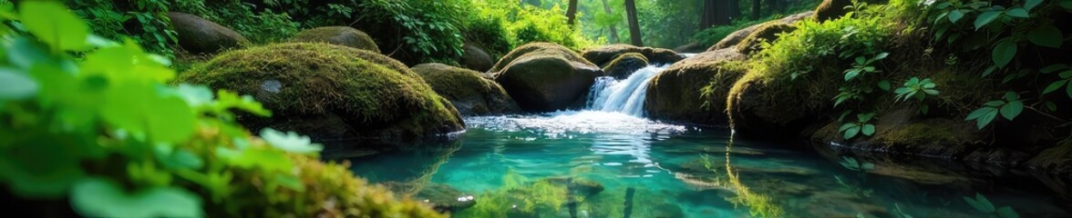 Crystal Clear Spring Water Cascading Through Lush Ferns and Mossy Rocks in Sunlight, Tranquil Untouched Nature Scene