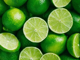 Fresh green limes background texture pattern close up healthy food ingredient
