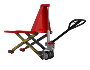 Vibrant Red Hand Pallet Truck: Key Essential Material Handling Equipment for Efficient Logistics, Warehouse Operations and Industrial Supply Chain Management on a Transparent HD Background.