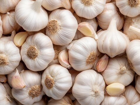 Fresh garlic bulbs and cloves close up full frame for culinary and health uses