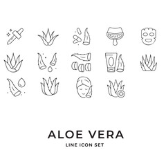 Aloe Vera Line Icons Set – Plant, Leaf, Gel, Cosmetic, Skincare Vector Pack.Minimal vector line icons set of aloe vera plant, leaf, and skincare products. Includes aloe vera gel, cosmetic bottles, cre
