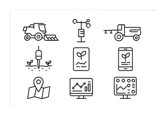 Smart Agriculture Icons. Outline icon set of smart agriculture technology: automated harvester, weather
