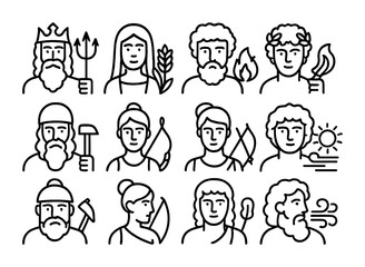 Nature Gods Icon Set. Outline icon set of gods of nature and elements: Poseidon, Demeter, Hades, Apollo,