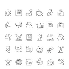 Journalism Line Icons Set – Newspaper, Microphone, News Broadcasting Vector Pack.Includes newspaper, microphone, video camera, press badge, news van, podcast, globe, satellite dish, breaking news,