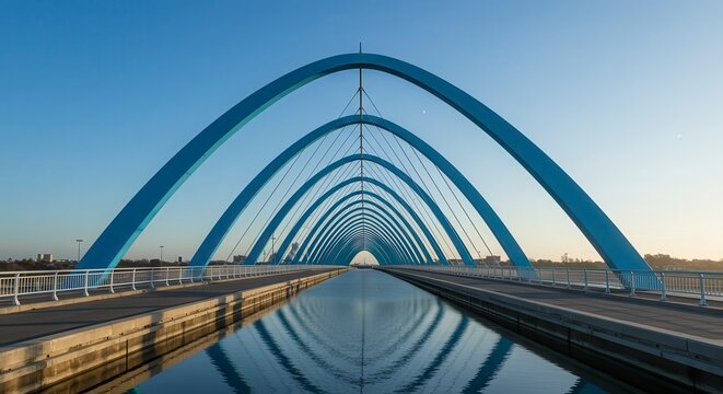 Graceful blue bridge arcs over a bright channel with open sky; crisp architectural travel scene for transport branding and destination marketing