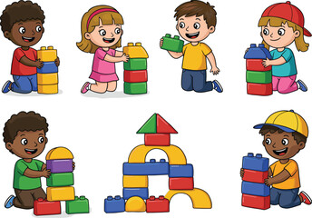 Children playing with colorful building blocks, creative play, teamwork, learning, education, toys, construction, fun, cooperation, preschool activity, motor skills