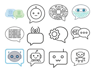 AI Chatbot Icon Collection – Artificial Intelligence Robot Faces, Communication Bubbles, and Automation Symbols Pack