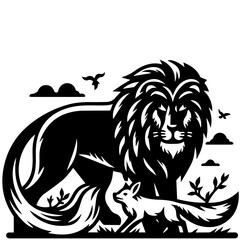 Obraz premium Illustration of a majestic lion standing behind a fox with birds and clouds in a black and white design