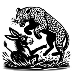 A leopard attacking a donkey in a black and white illustration with a vintage woodcut style art