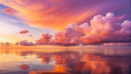 Fototapeta premium Vibrant sunset sky reflecting fiery hues on a calm ocean surface